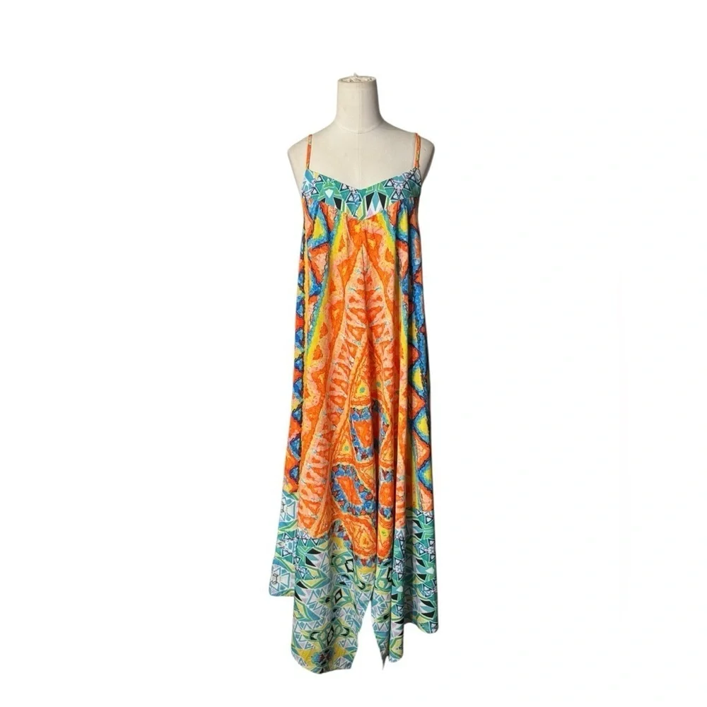 Boston Proper Boho Maxi Dress – Vibrant Tribal Print, Handkerchief Hem.